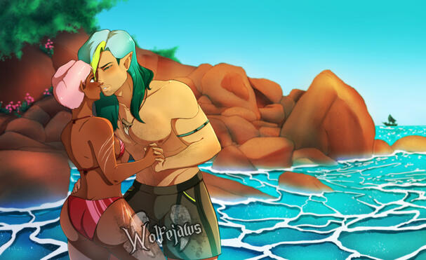 Personal art. Two characters share a moment within the cove.